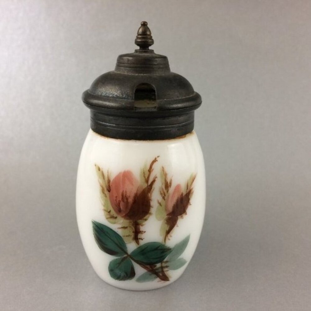 Vtg Handpainted Milk Glass Metal Lidded Small Mustard Pot Rosebuds Cottagecore